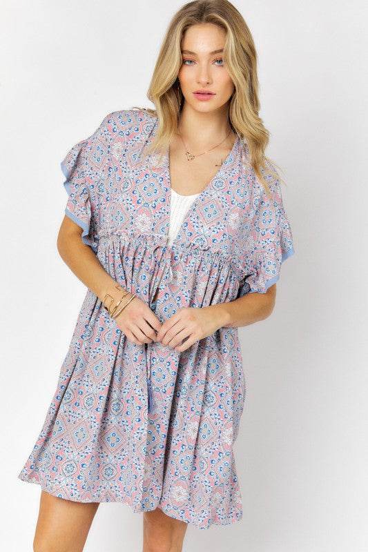 Davi & Dani Printed Short Sleeve Ruffle Kimono - Rosa Apparel