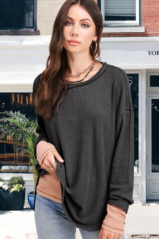 La Miel Bree Waffle Relaxed Raw Edge Boat Neck Sweater - Rosa Apparel