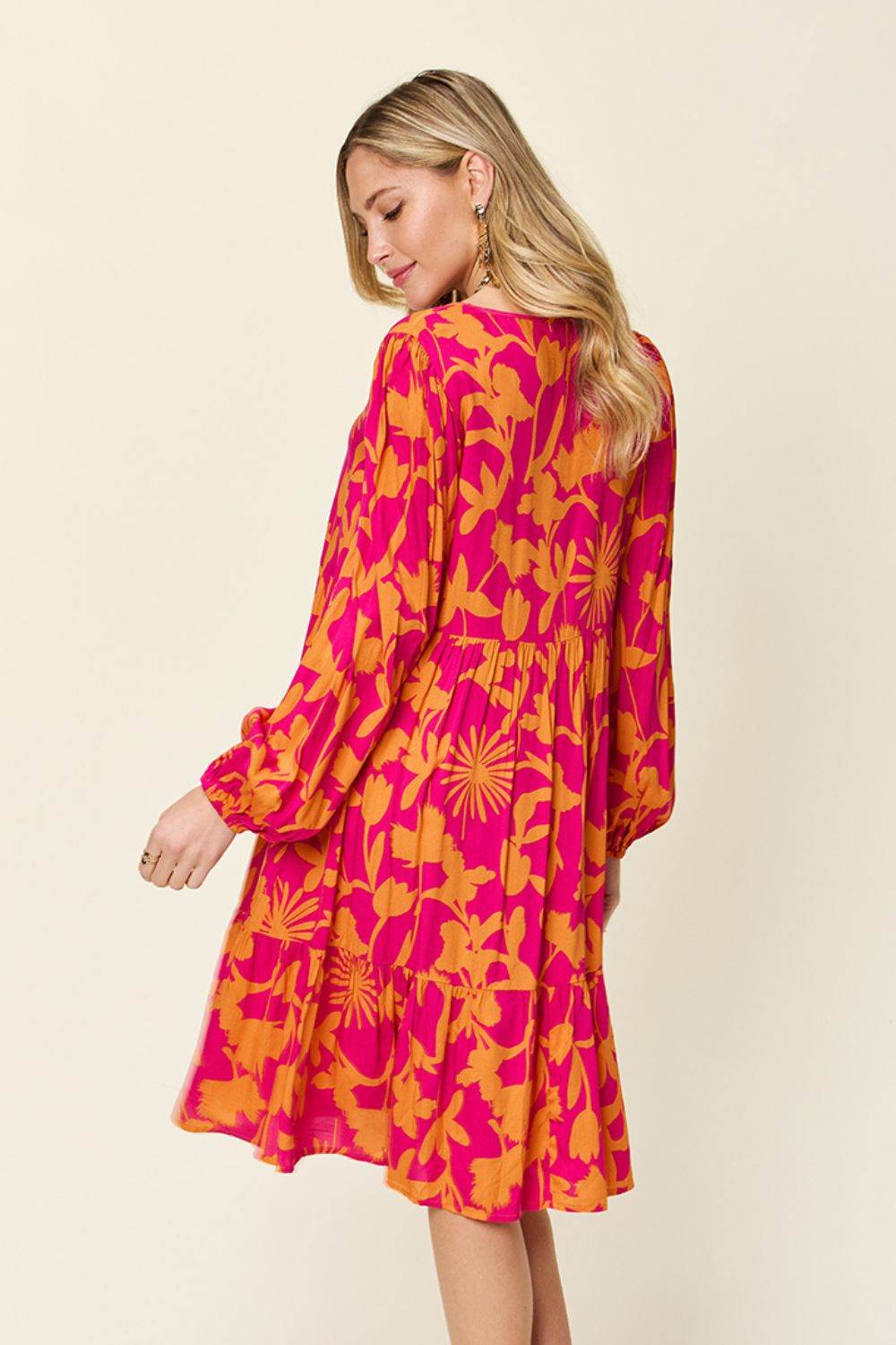 Double Take Full Size Printed Ruffle Hem Long Sleeve Midi Dress - Rosa Apparel