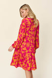 Double Take Full Size Printed Ruffle Hem Long Sleeve Midi Dress - Rosa Apparel