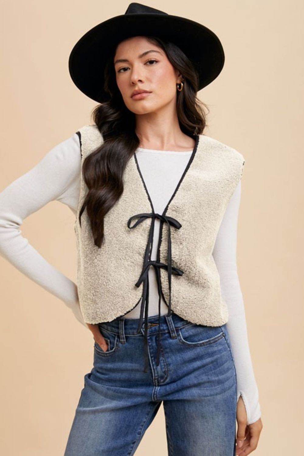 Annie Wear V-Neck Tie Detail Vest Coat - Rosa Apparel