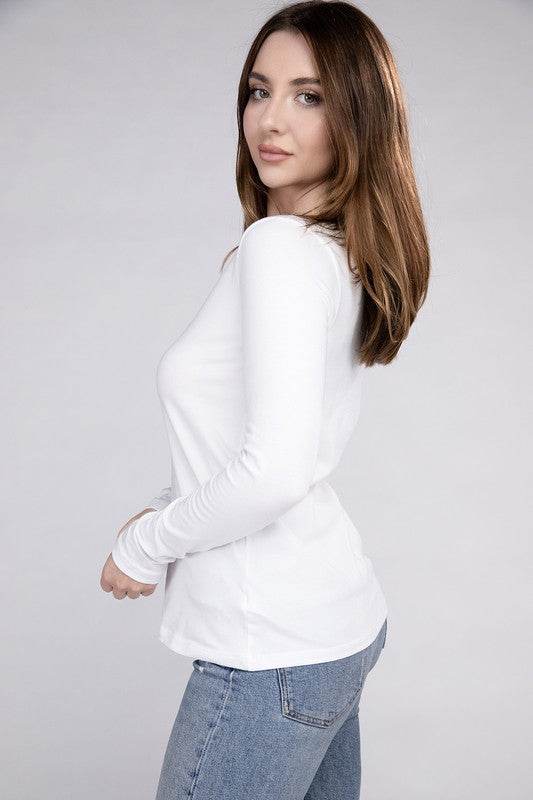 Zenana Cotton V-Neck Long Sleeve T-Shirt - Rosa Apparel