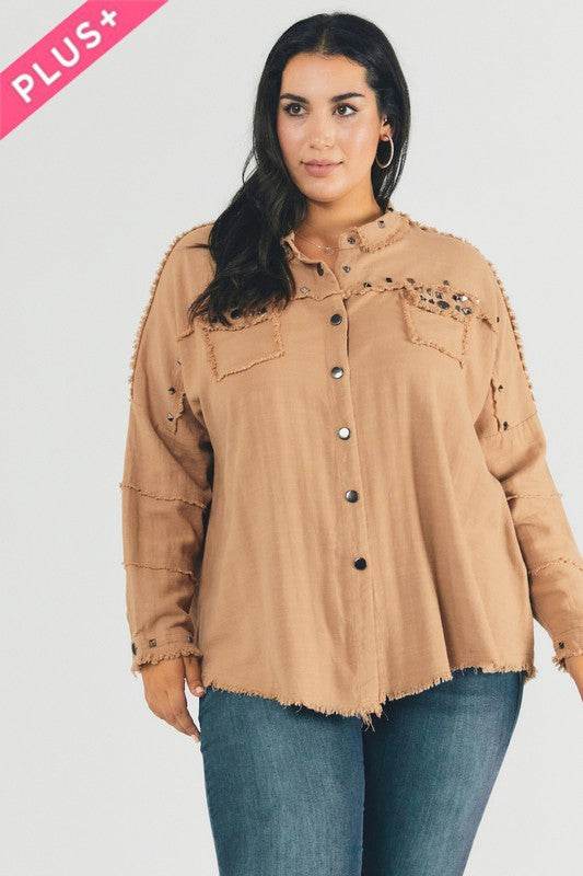 Davi & Dani Plus Distressed Hem Button Down Oversize Shirt - Rosa Apparel