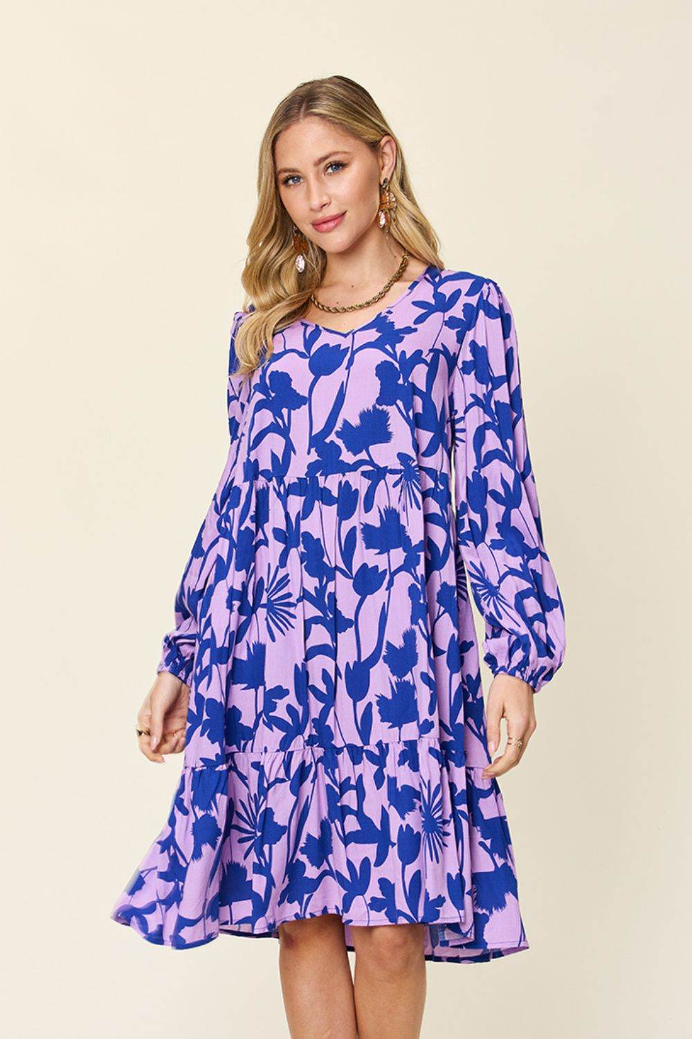 Double Take Full Size Printed Ruffle Hem Long Sleeve Midi Dress - Rosa Apparel