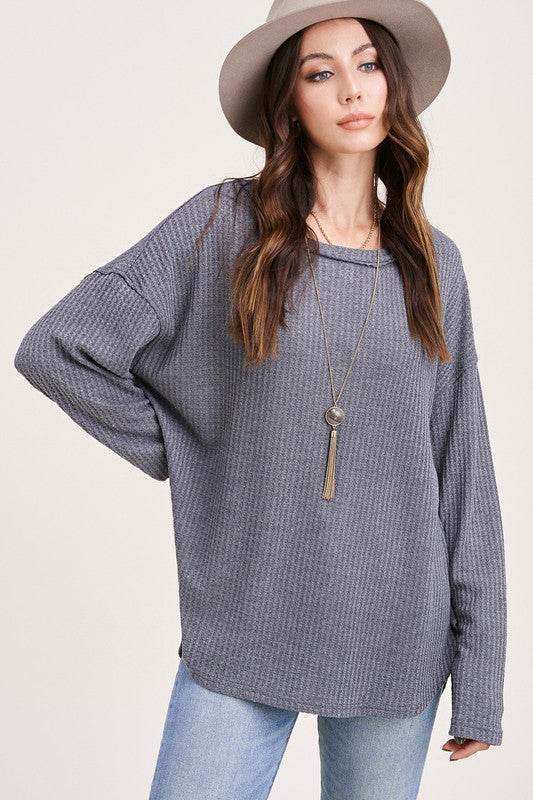 La Miel Bree Waffle Relaxed Raw Edge Boat Neck Sweater - Rosa Apparel