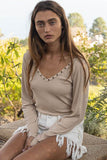 POL Studded Ribbed V-Neck Long Sleeves Top - Rosa Apparel