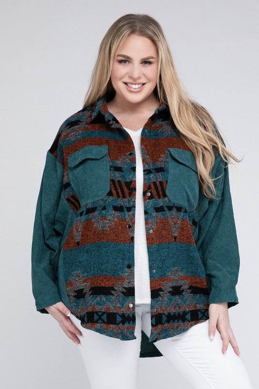 Davi & Dani Plus Printed Button Down Long Sleeve Jacket - Rosa Apparel
