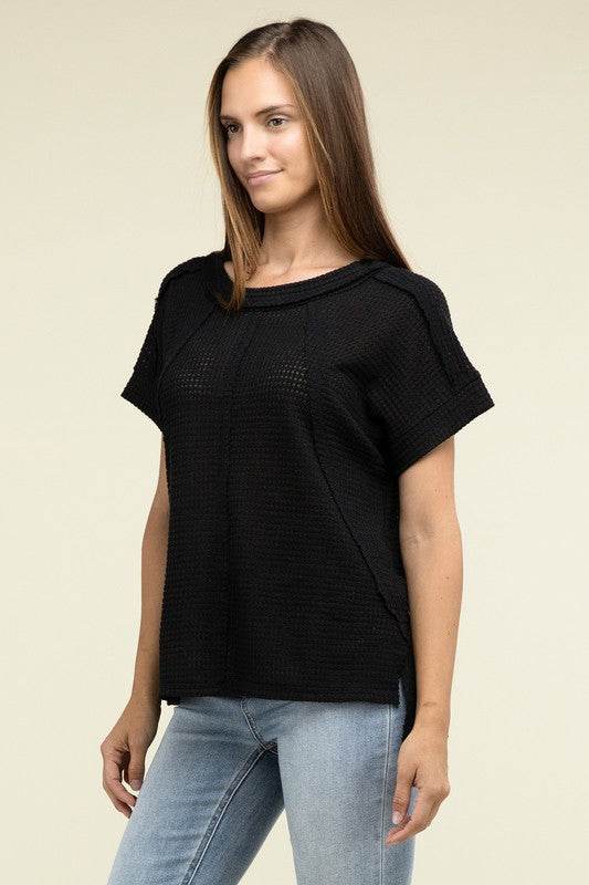 Zenana Brushed Waffle Exposed-Seam Short Sleeve Top - Rosa Apparel