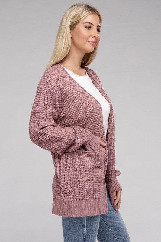 Zenana Low Gauge Waffle Open Cardigan Sweater - Rosa Apparel