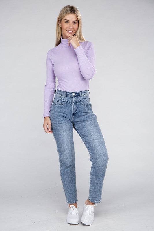 Ambiance Long-Sleeve Turtleneck Strechy Bodysuit - Rosa Apparel