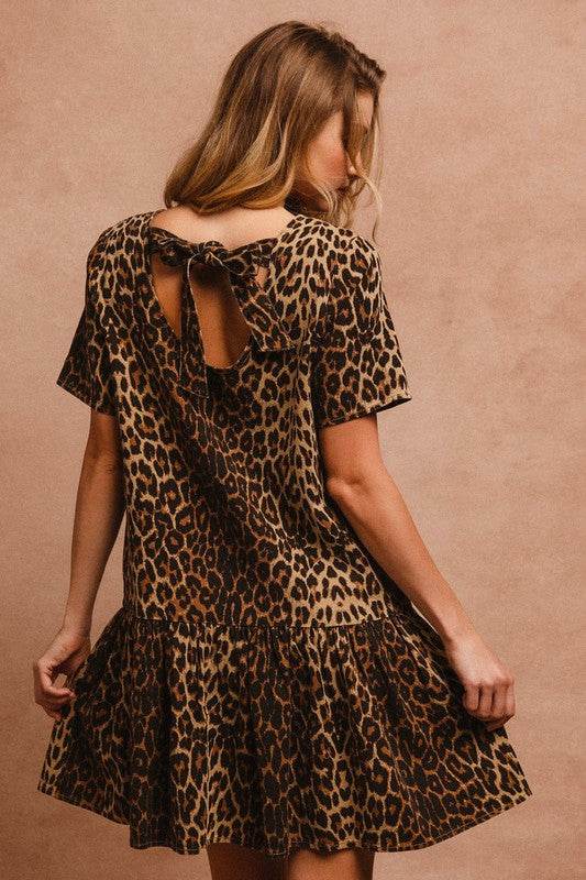 BiBi Tie Back Leopard Round Neck Short Sleeve Dress - Rosa Apparel