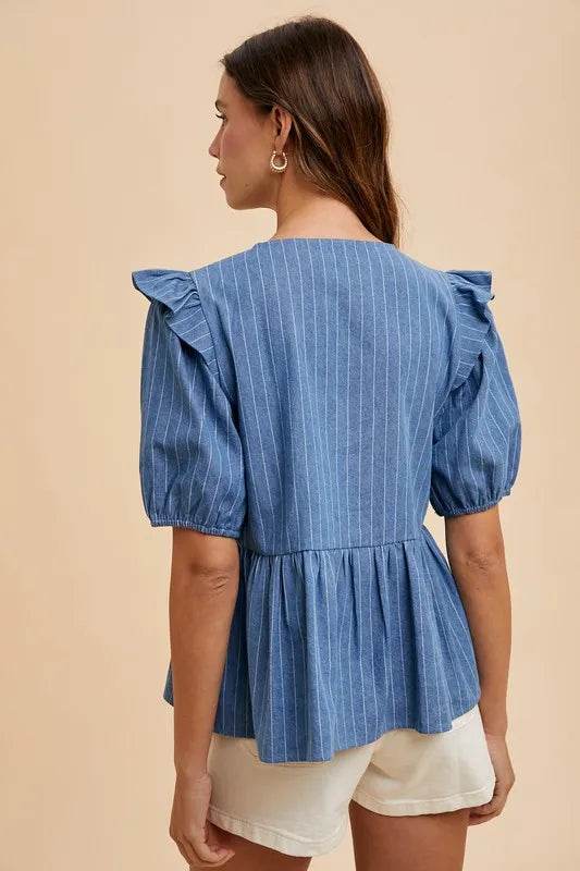 Annie Wear Stripe Front Bow Denim Peplum Blouse - Rosa Apparel