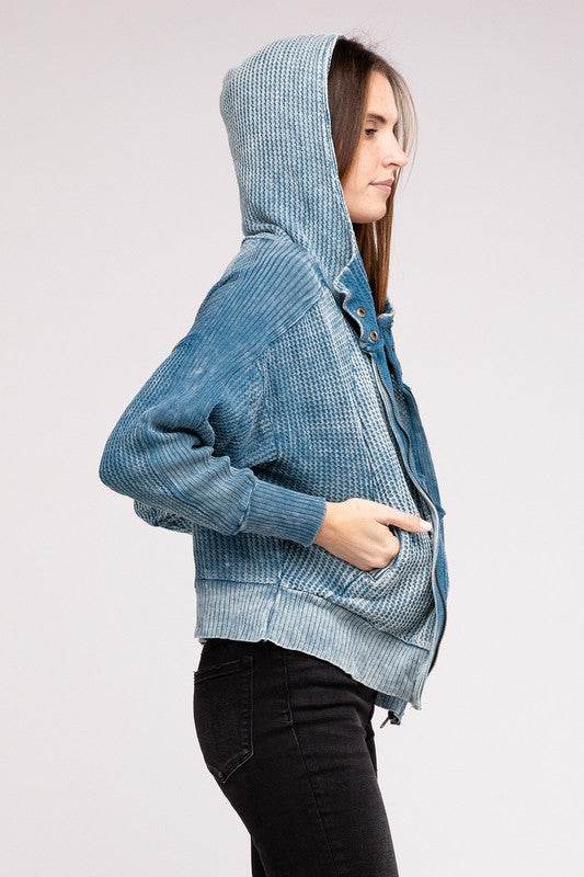 Zenana Acid Wash Cotton Waffle Hooded Zip-Up Jacket - Rosa Apparel