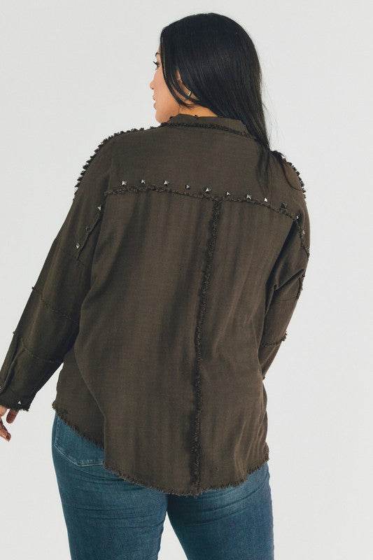 Davi & Dani Plus Distressed Hem Button Down Oversize Shirt - Rosa Apparel