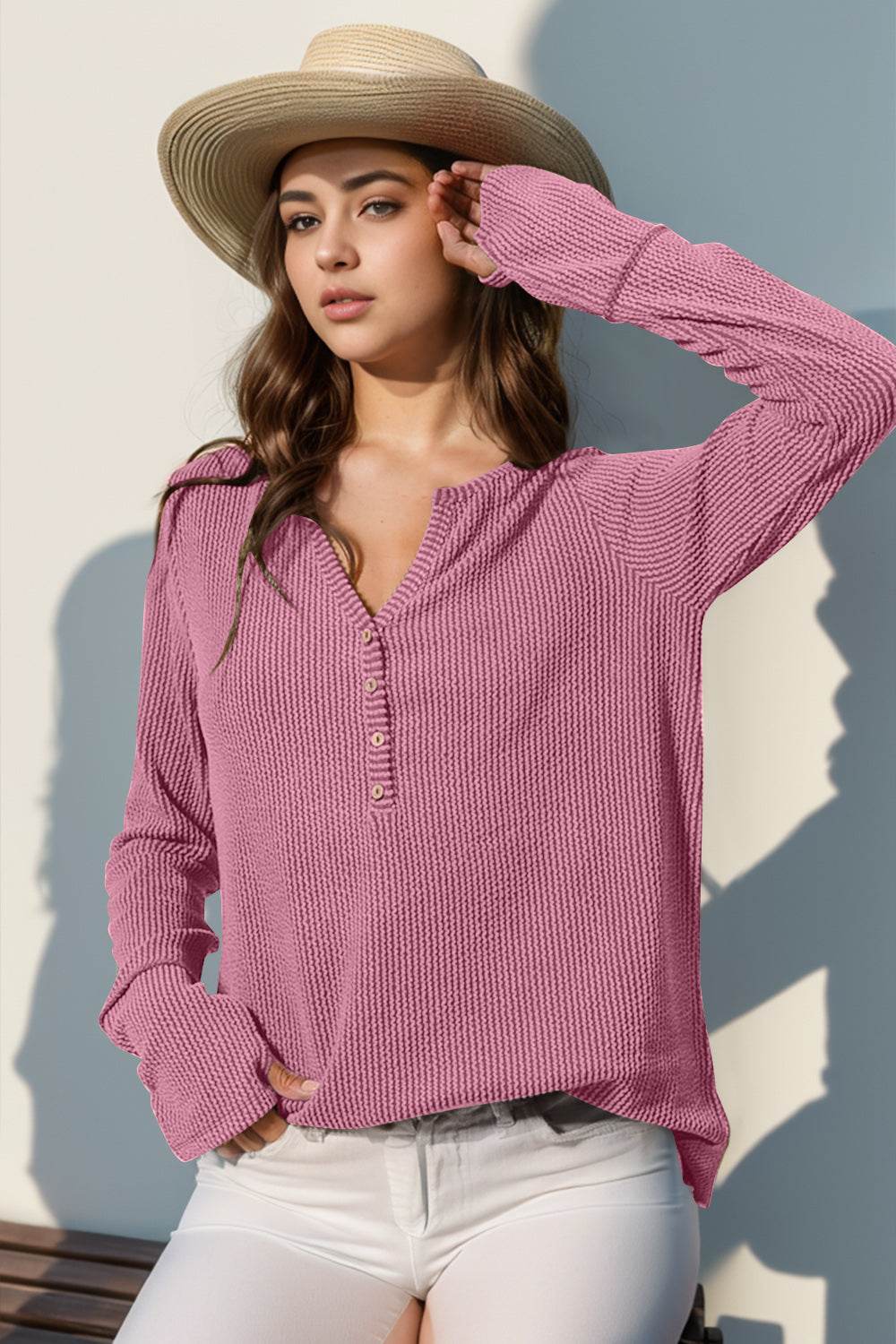 Double Take Full Size Notched Thumbhole Long Sleeve T-Shirt - Rosa Apparel