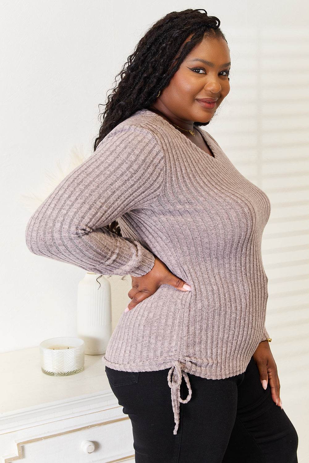 Double Take Drawstring Ribbed Long Sleeve T-Shirt - Rosa Apparel