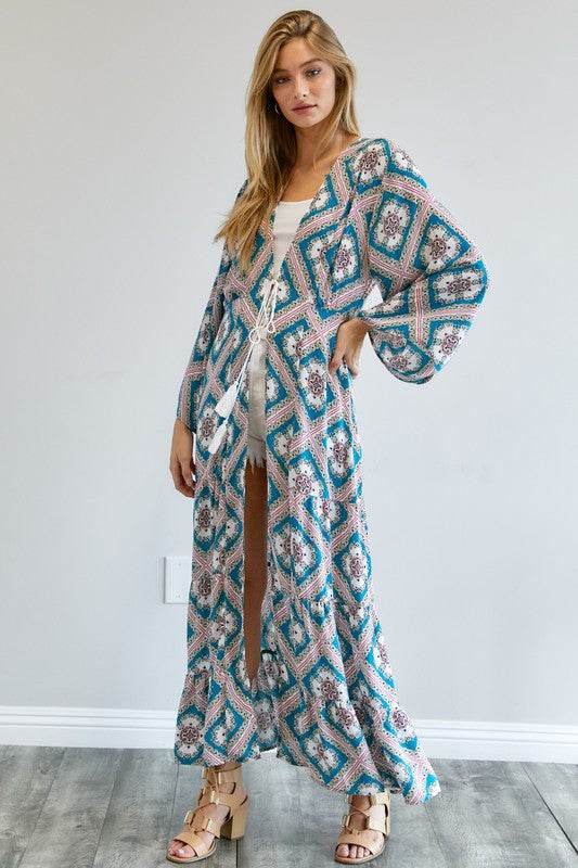 Davi & Dani Printed Long Sleeve Loose Kimono - Rosa Apparel