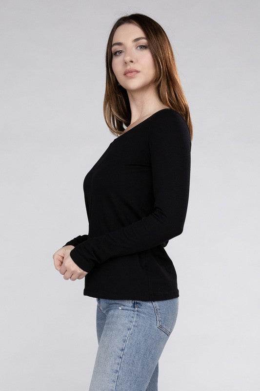 Zenana Cotton V-Neck Long Sleeve T-Shirt - Rosa Apparel
