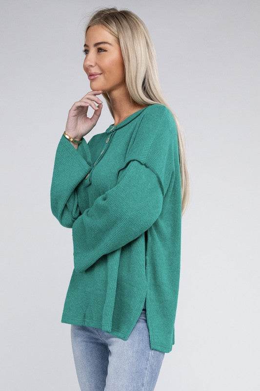 Zenana Ribbed Brushed Melange Hacci Henley Sweater - Rosa Apparel