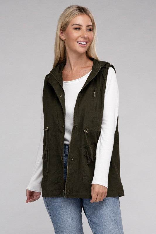 Zenana Drawstring Waist Sleeveless Military Hoodie Vest - Rosa Apparel