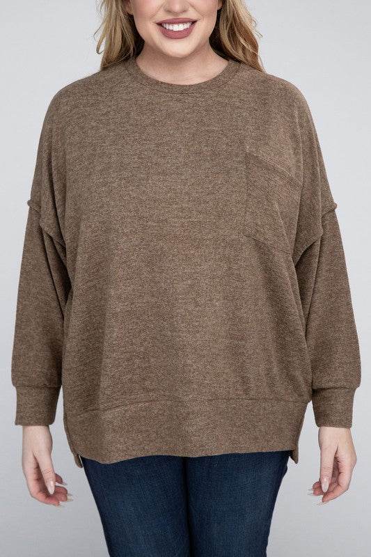 Zenana Plus Brushed Melange Drop Shoulder Sweater - Rosa Apparel