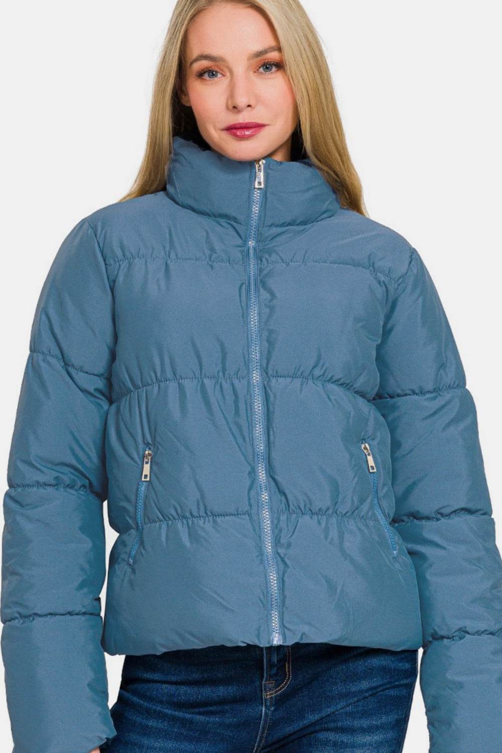 Zenana Zip Up Turtleneck Puffer Jacket with Pockets - Rosa Apparel