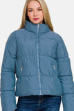 Zenana Zip Up Turtleneck Puffer Jacket with Pockets - Rosa Apparel
