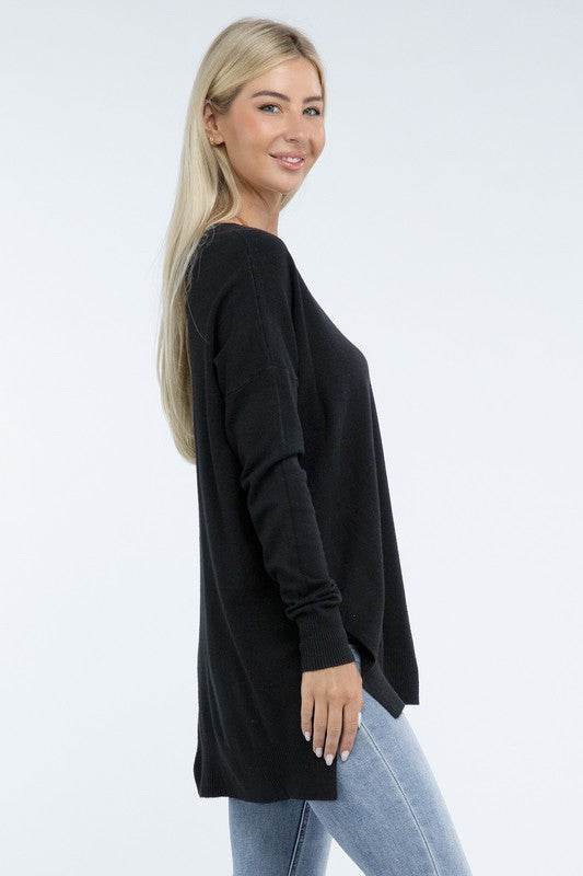 Zenana Hi-Low Hem Front Seam V-Neck Sweater - Rosa Apparel