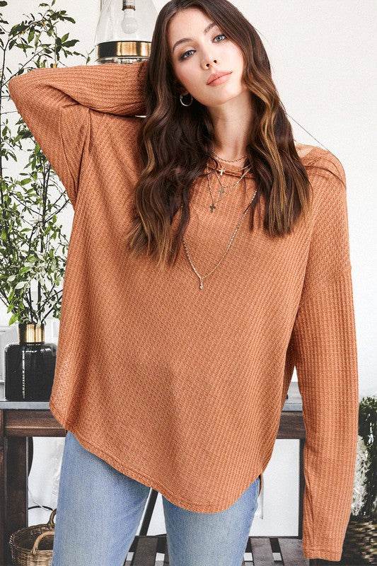 La Miel Bree Waffle Relaxed Raw Edge Boat Neck Sweater - Rosa Apparel