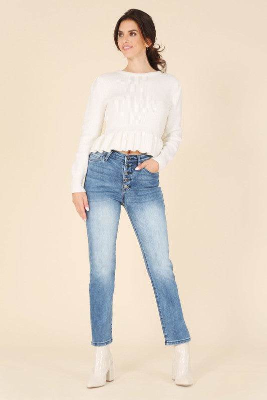 Lilou Peplum Round Neck Long Sleeves Strech Sweater Top - Rosa Apparel