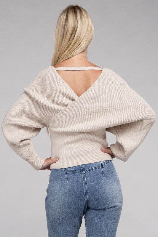 Zenana Viscose Cross Wrap V-Neck Pullover Sweater - Rosa Apparel