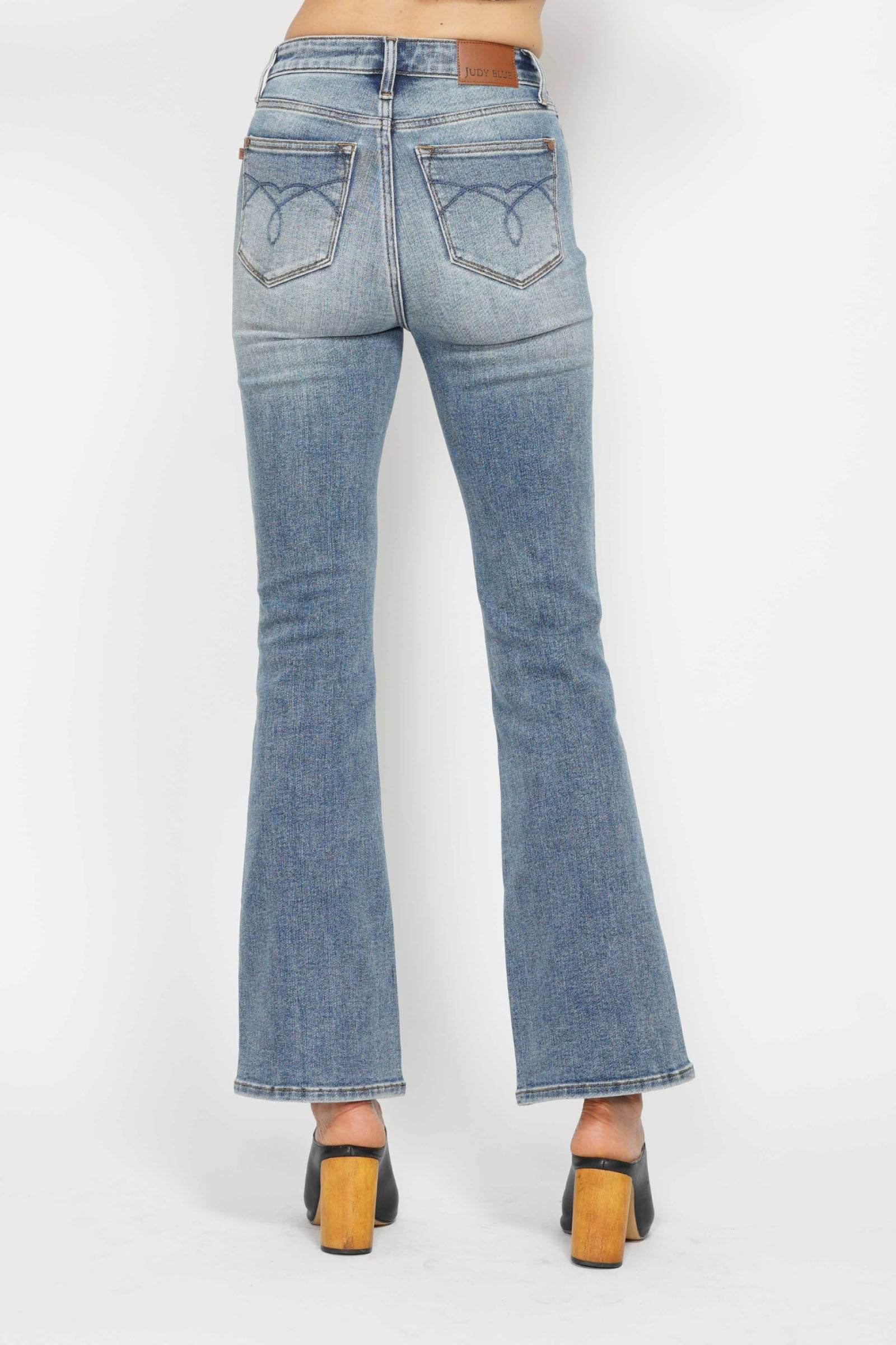 Judy Blue Full Size Tummy Control Back Embroidered Pocketed Bootcut Jeans Plus Size - Rosa Apparel