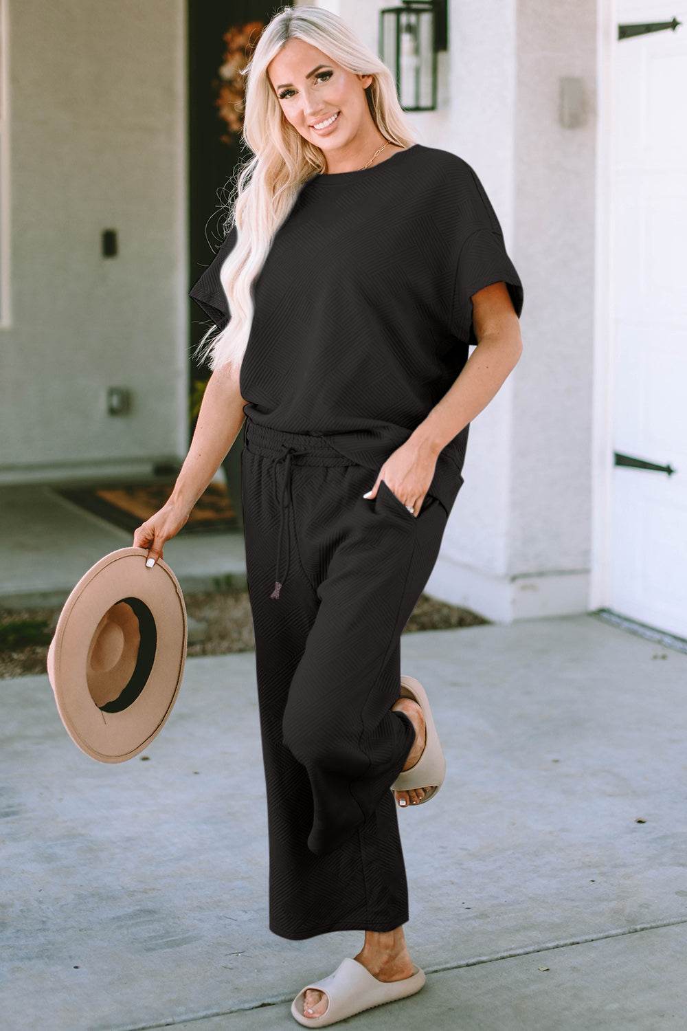 Double Take Full Size Texture Short Sleeve Top and Pants Set - Rosa Apparel