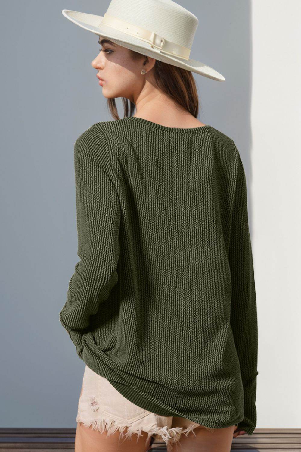 Double Take Full Size Notched Thumbhole Long Sleeve T-Shirt - Rosa Apparel