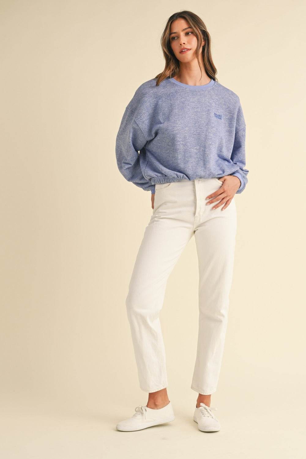 Mable Round Neck Letter Embroidery Crop Sweatshirt - Rosa Apparel