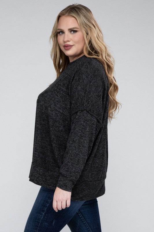 Zenana Plus Brushed Melange Drop Shoulder Sweater - Rosa Apparel
