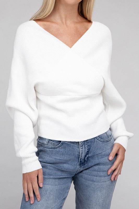 Zenana Viscose Cross Wrap V-Neck Pullover Sweater - Rosa Apparel
