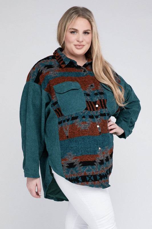 Davi & Dani Plus Printed Button Down Long Sleeve Jacket - Rosa Apparel