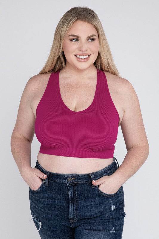 Zenana Plus Ribbed Cropped Racerback V-Neck Tank Top - Rosa Apparel
