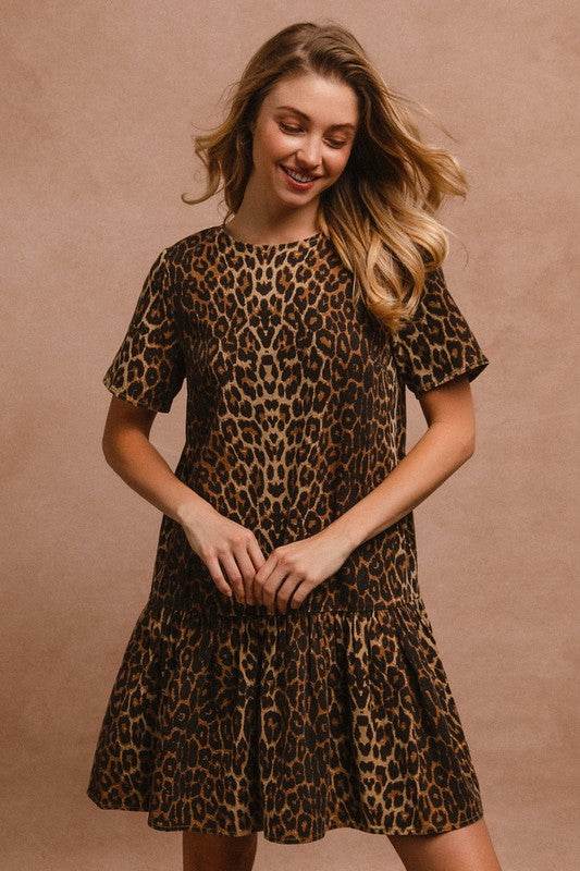 BiBi Tie Back Leopard Round Neck Short Sleeve Dress - Rosa Apparel