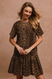 BiBi Tie Back Leopard Round Neck Short Sleeve Dress - Rosa Apparel