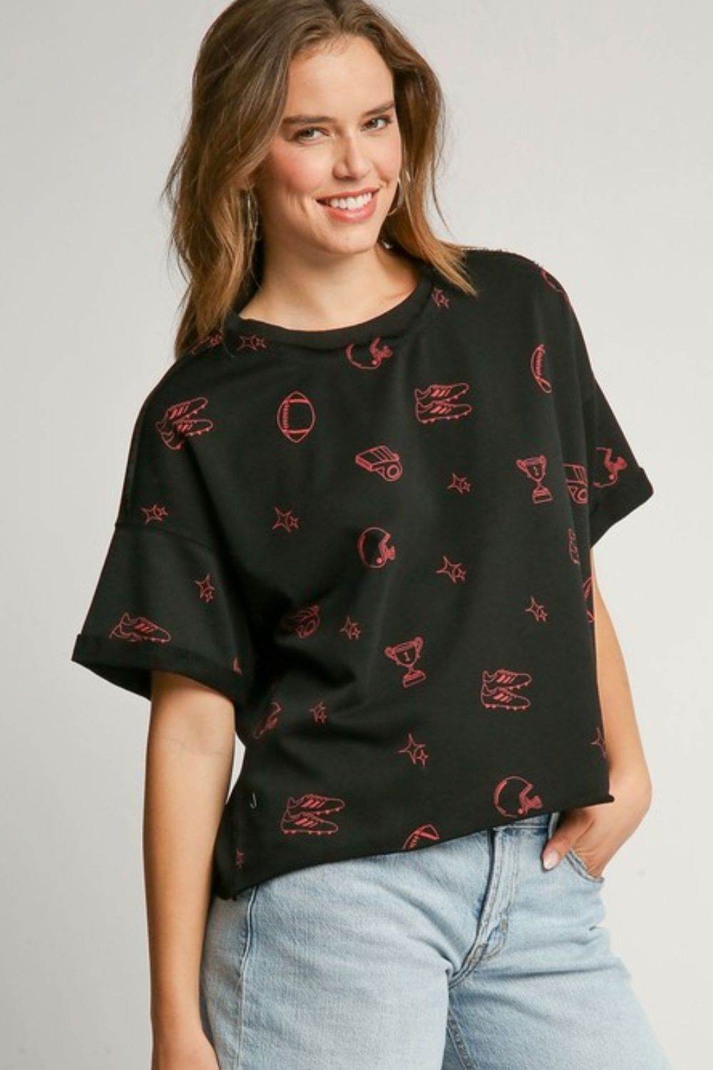 Umgee Full Size Game Day French Terry Graphic Top Plus Size - Rosa Apparel