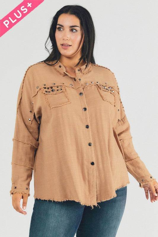 Davi & Dani Plus Distressed Hem Button Down Oversize Shirt - Rosa Apparel