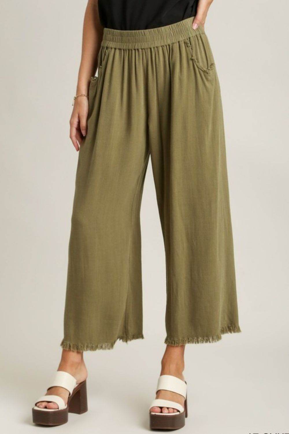 Umgee Full Size Linen Blend Elastic Waistband Wide Leg Pants Plus Size - Rosa Apparel