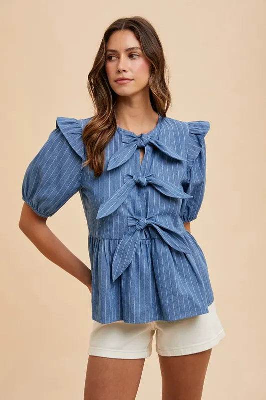 Annie Wear Stripe Front Bow Denim Peplum Blouse - Rosa Apparel