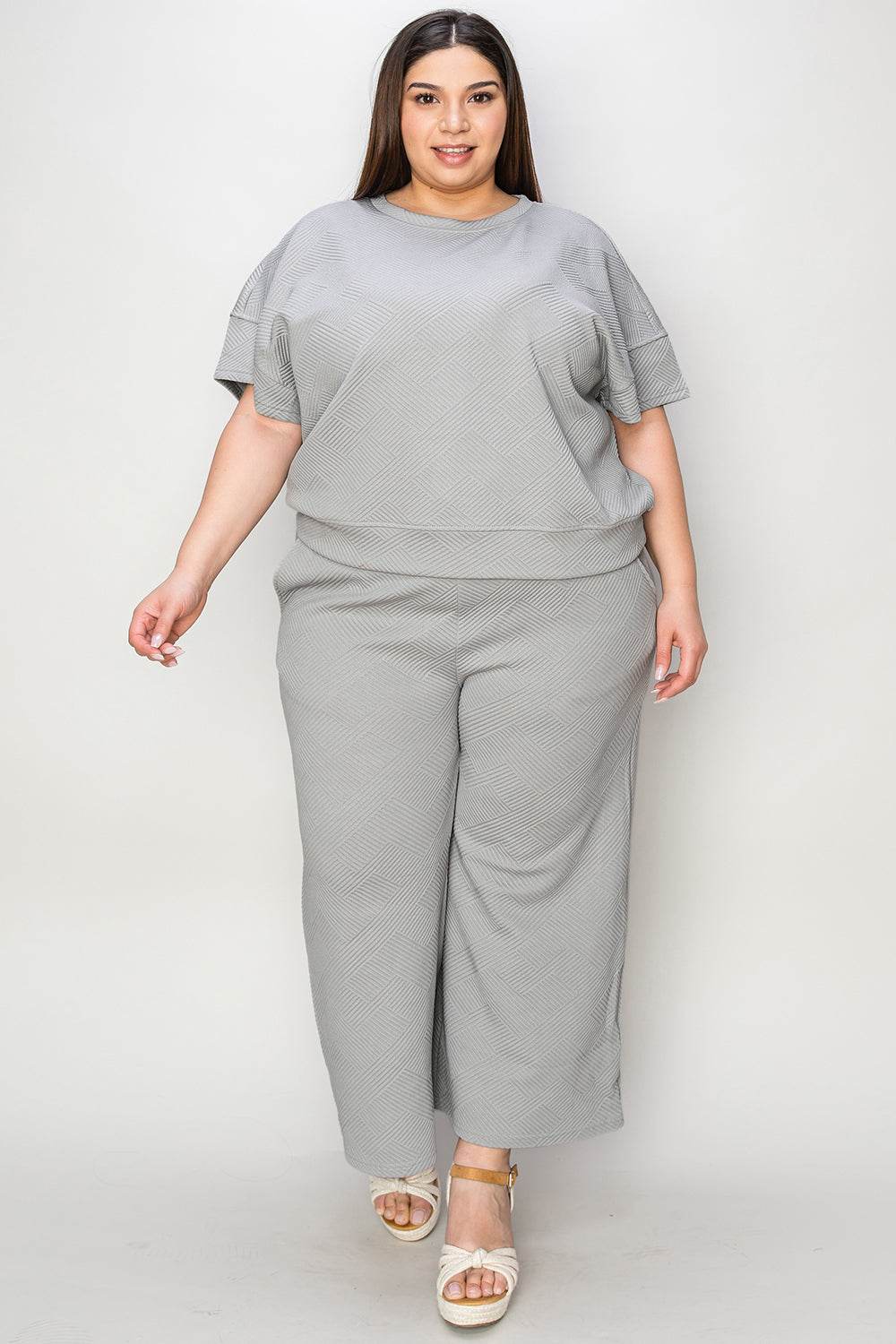 Double Take Full Size Texture Short Sleeve Top and Pants Set - Rosa Apparel
