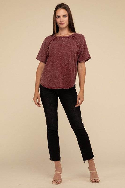 Zenana Back Patch Crinkle Washed Raglan Sleeve T-Shirt - Rosa Apparel