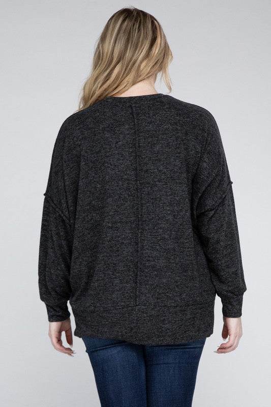 Zenana Plus Brushed Melange Drop Shoulder Sweater - Rosa Apparel