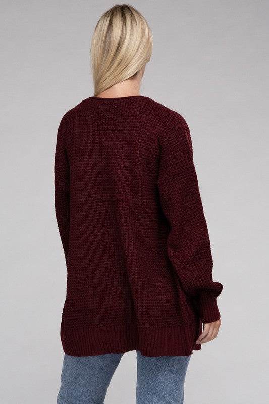 Zenana Low Gauge Waffle Open Cardigan Sweater - Rosa Apparel