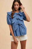 Annie Wear Stripe Front Bow Denim Peplum Blouse - Rosa Apparel